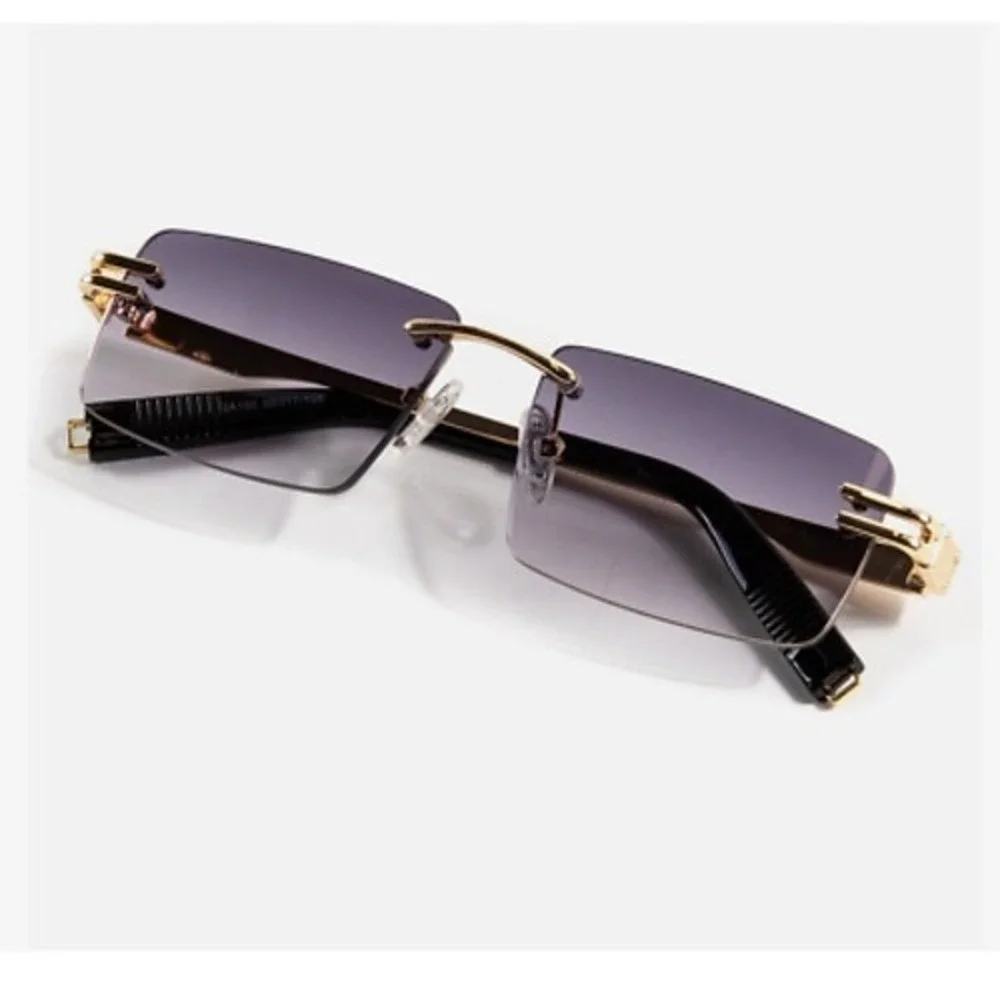 Men's Square Rimless Gold Frame Purple Gradient Tint Hip Hop‎ Sunglasses
